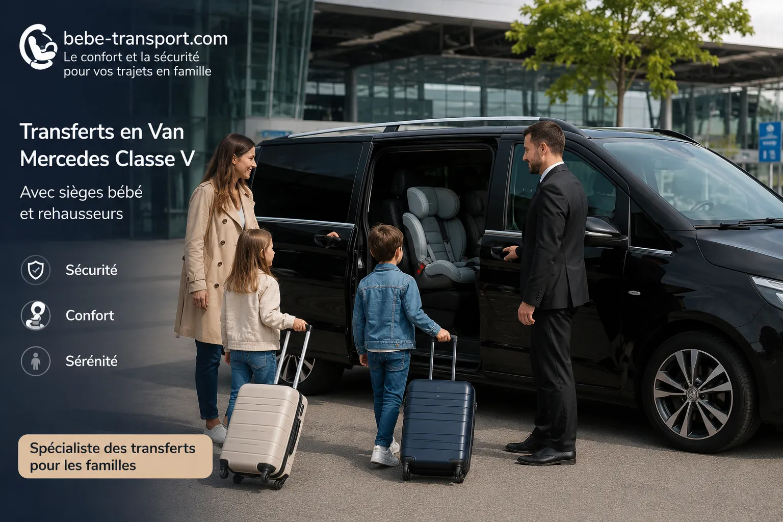 Transferts en van Mercedes Classe V avec sièges bébé et rehausseurs — Bébé Transport