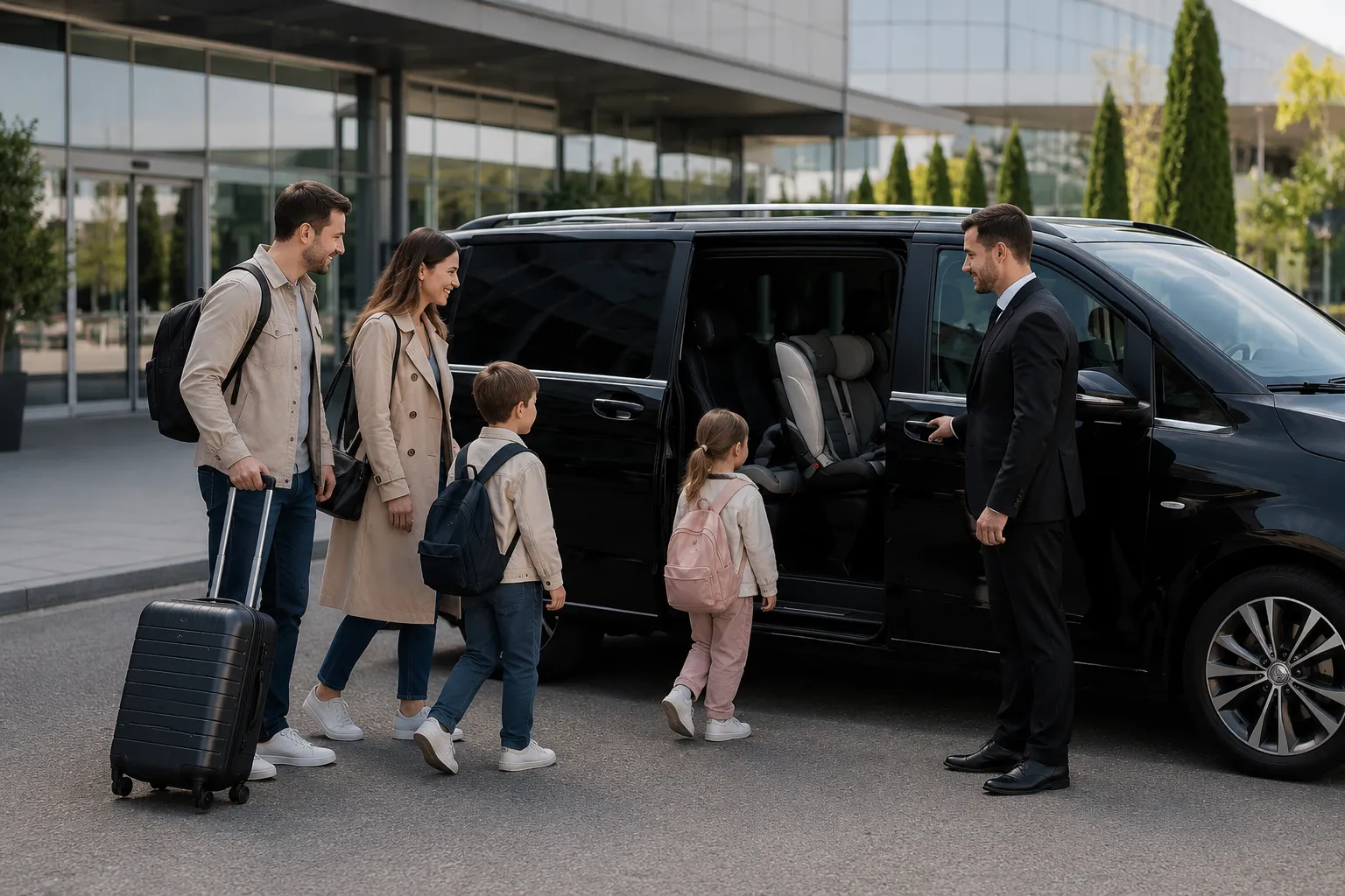 Famille avec enfants accueillie par un chauffeur devant un van équipé de sièges bébé à l’aéroport